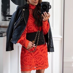 Karen Millen red woven long sleeve cutout dress boho chic wear to work size 4